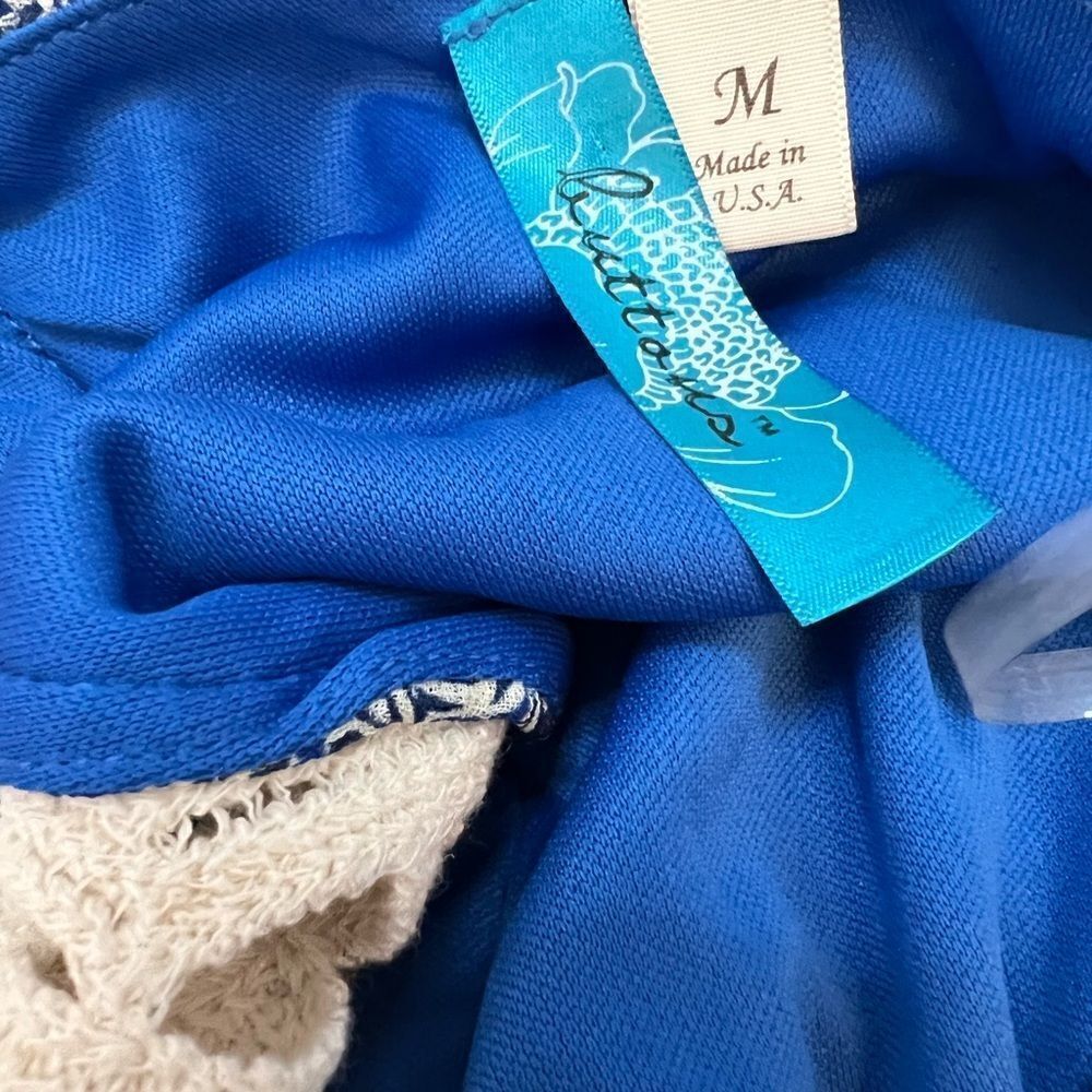 Blue Patterned Crochet Back Gathered Waist Long Dress M - Picture 11 of 11